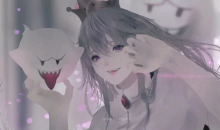 HD PC desktop wallpaper featuring a character from the video game New Super Mario Bros. U Deluxe holding a Boo ghost with a soft, mystical background.