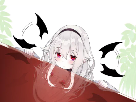 Anime original HD PC desktop wallpaper/background — white-haired, red-eyed girl peeks over a red blanket, flanked by stylized black bat silhouettes and pale green leaves on white.