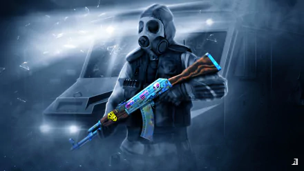 HD PC desktop wallpaper featuring an AK-47 from the video game Counter-Strike: Global Offensive, held by a gas mask-wearing character in a foggy, urban environment.