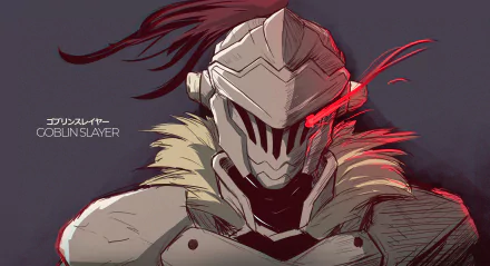 HD desktop wallpaper featuring a stylized illustration of the anime character Goblin Slayer, set against a dark background with red highlights.