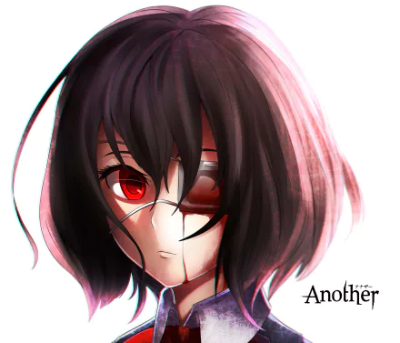 HD PC desktop wallpaper featuring Mei Misaki from the anime Another, showcasing her distinctive red eye and dark hair in a close-up portrait style.