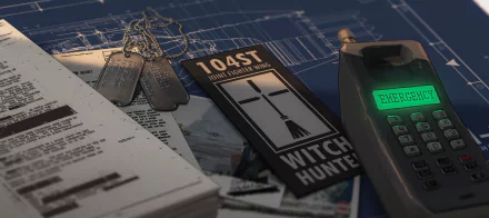 Original Anime 4K Ultra HD PC desktop wallpaper: dog tags and a Witch Hunter tag rest on blueprints amid scattered papers and a glowing green emergency device.