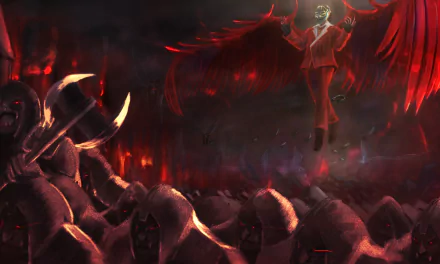 HD desktop wallpaper featuring Demiurge from the anime Overlord. Demiurge is depicted with red wings, floating above a crowd of hooded figures in a dark, fiery background.