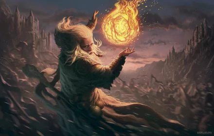 HD fantasy PC desktop wallpaper depicting a powerful wizard summoning a blazing fireball amidst a dark, rocky landscape with towering castles in the background.