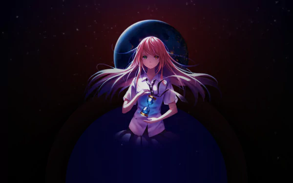 HD anime desktop wallpaper featuring an original character with heterochromia, glowing subtly against a dark cosmic background.