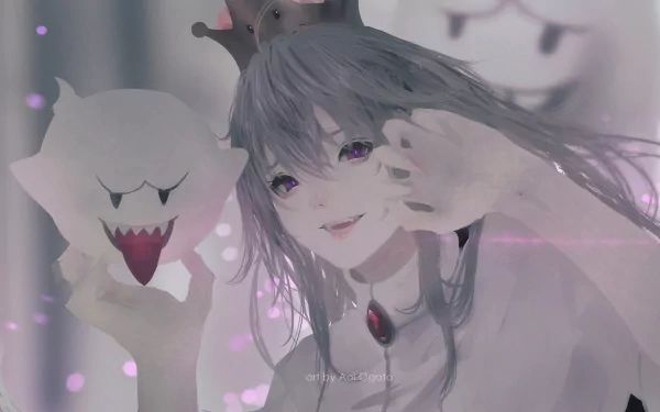 HD PC desktop wallpaper featuring a character from the video game New Super Mario Bros. U Deluxe holding a Boo ghost with a soft, mystical background.