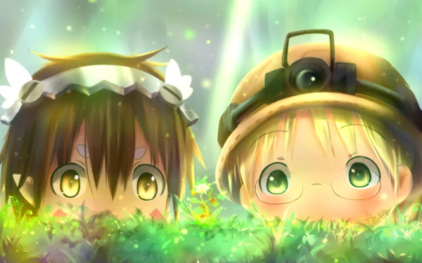 An HD desktop wallpaper featuring Reg and Riko from the anime Made in Abyss. The characters are peeking through vibrant foliage with an enchanting, glowing background.
