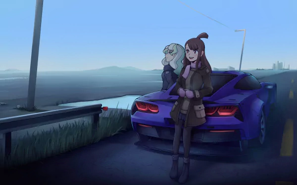 Atsuko Kagari and Diana Cavendish from Little Witch Academia stand by a purple sports car on a quiet coastal road at dusk in this HD anime desktop wallpaper.