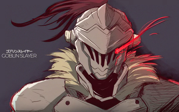 HD desktop wallpaper featuring a stylized illustration of the anime character Goblin Slayer, set against a dark background with red highlights.