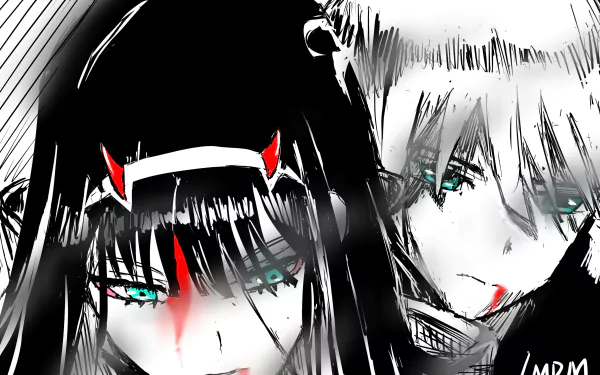HD PC desktop wallpaper featuring anime characters Hiro and Zero Two from Darling in the FranXX, depicted in a monochrome style with striking turquoise eyes.