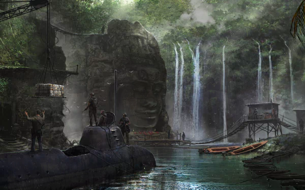 4K Ultra HD Sci-Fi desktop wallpaper featuring a submarine docked in a misty, lush landscape with waterfalls and ancient stone faces carved into cliffs.
