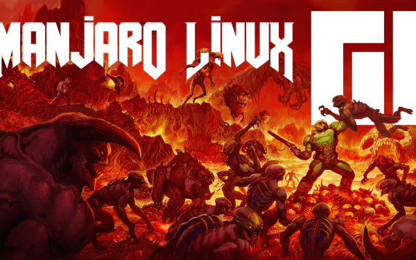 4K Ultra HD PC desktop wallpaper featuring intense battle scenes from the video game Doom (2016) with a fiery, hellish landscape.