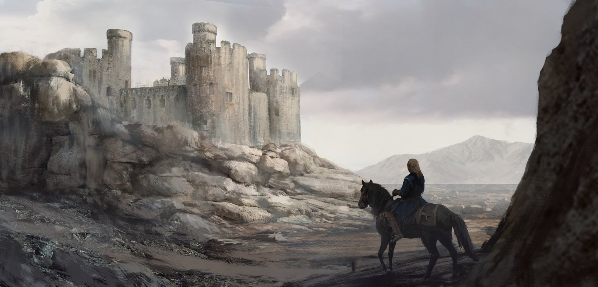 A rider on horseback approaches a majestic stone castle set in a rocky, misty landscape, capturing a fantasy adventure scene in HD quality.