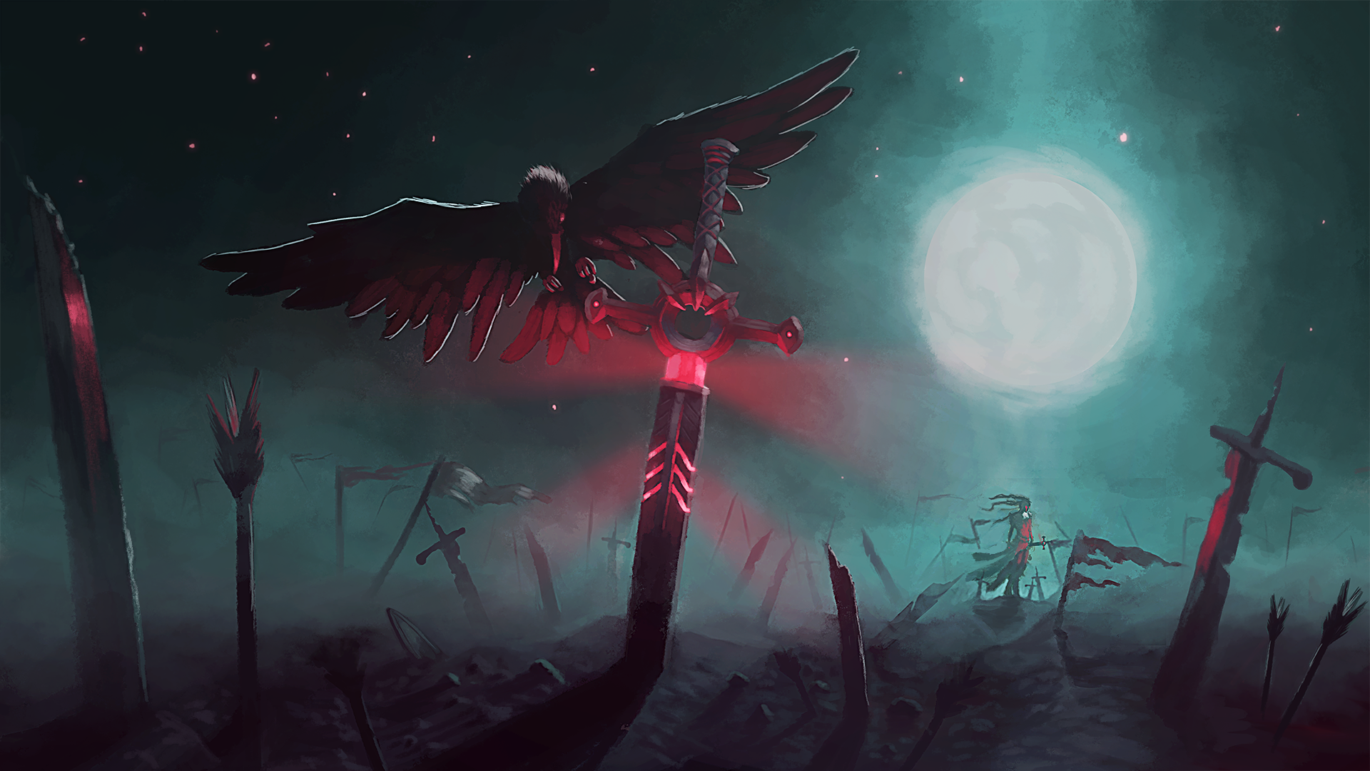 A dark fantasy wallpaper featuring a moonlit night, a crow perched on a large sword, and a shadowy warrior in the background amidst a desolate battlefield.