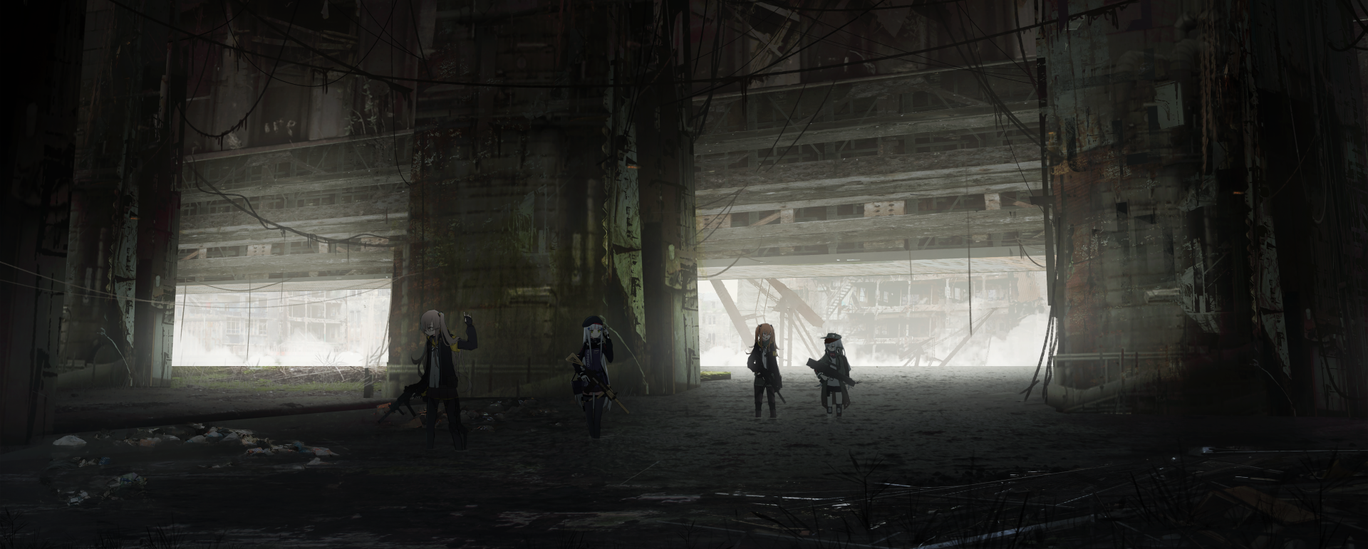 HD desktop wallpaper featuring UMP9, UMP45, HK416, and G11 from the video game Girls' Frontline, set in a dark, post-apocalyptic industrial scene.