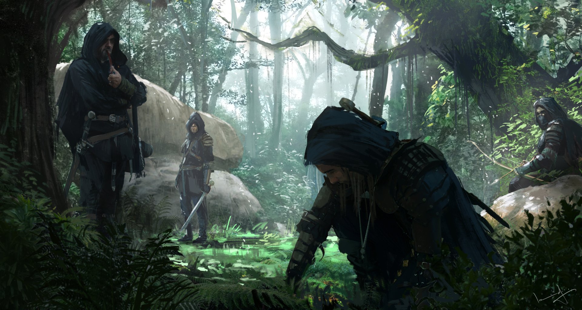 Fantasy warriors gather in a misty forest, depicted in an HD PC desktop wallpaper showcasing a tense, atmospheric scene of stealth and vigilance.