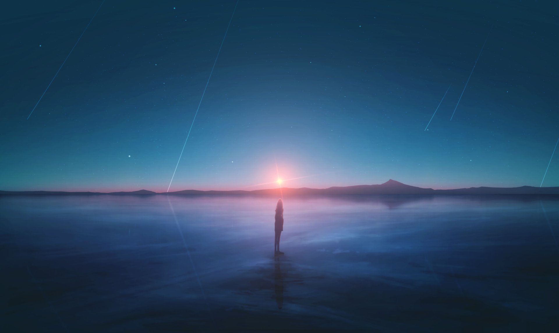 HD desktop wallpaper featuring an anime silhouette with long hair, standing against a serene landscape at sunrise. Shooting stars streak across the dawn sky, casting a tranquil ambiance.