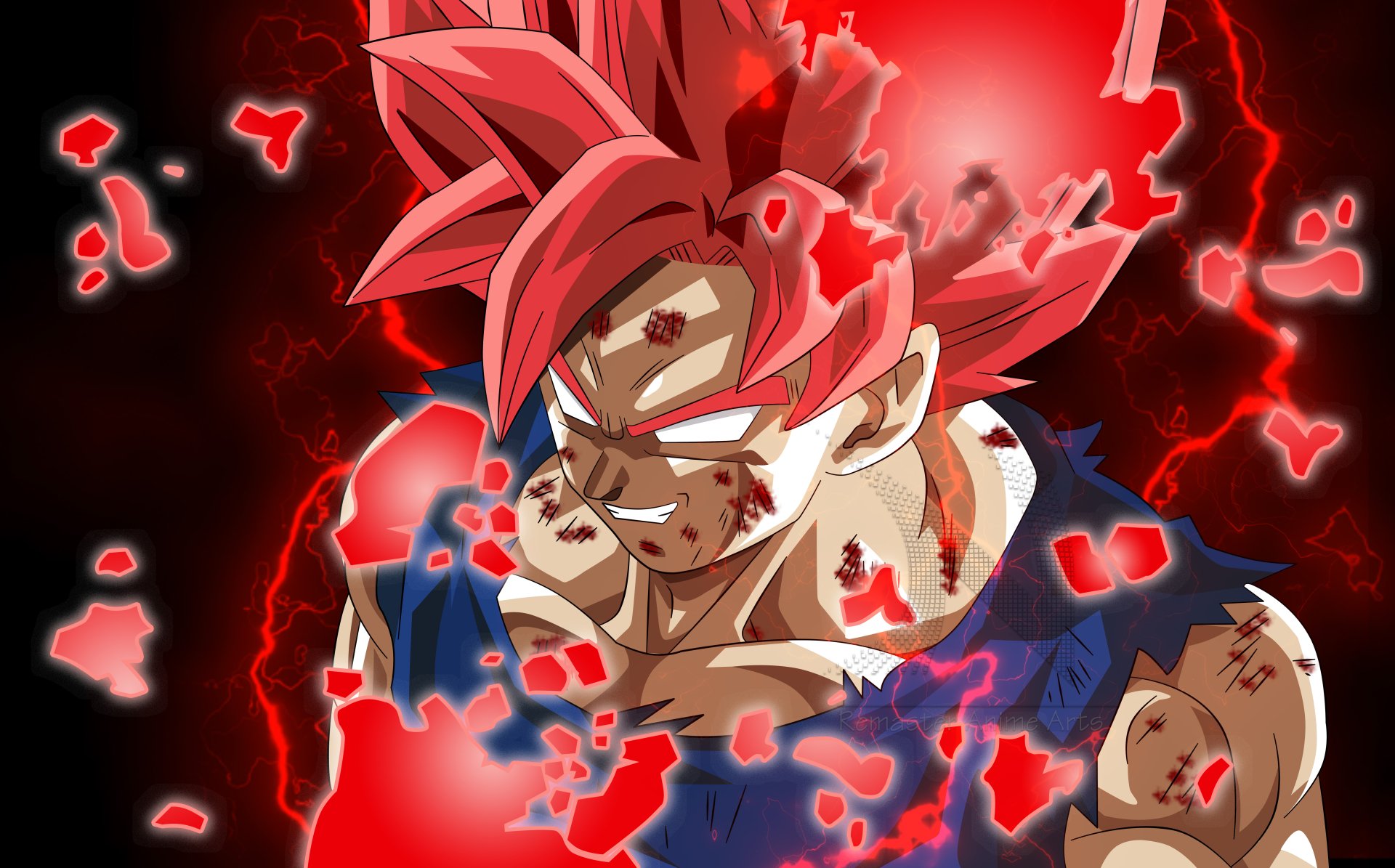 Super Saiyan Rosé Goku from Dragon Ball Super, battle-worn and glowing with crimson aura and lightning — 8K Ultra HD anime PC desktop wallpaper.
