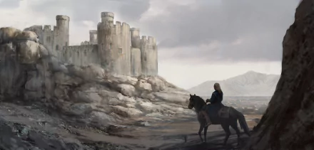 A rider on horseback approaches a majestic stone castle set in a rocky, misty landscape, capturing a fantasy adventure scene in HD quality.