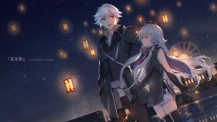 4K Ultra HD PC wallpaper from the video game The Legend of Heroes: Trails of Cold Steel IV, featuring two characters against a night sky with glowing lanterns.