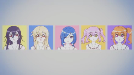 HD desktop wallpaper of five Release the Spyce characters — Goe Ishikawa, Mei Yachiyo, Yuki Hanzoumon, Fuu Sagami, Hatsume Aoba — head-and-shoulder portraits in colorful square panels on a pale background.
