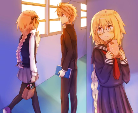 HD PC desktop wallpaper of Sieg, Jeanne d'Arc (Fate Series) and Astolfo (Fate/Apocrypha) from Fate/Apocrypha, in school uniforms holding books in a warm, sunlit classroom hallway.