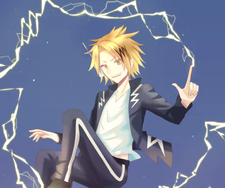 HD PC desktop wallpaper of Denki Kaminari (My Hero Academia) with blonde two-toned hair, grinning as electricity crackles around him against a dark sky.
