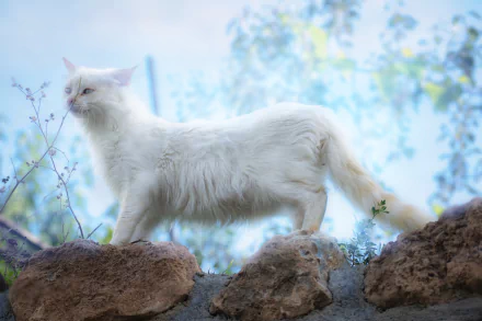 A white cat standing on rocks against a soft, blue-toned floral background, captured in high definition as a PC desktop wallpaper and background.