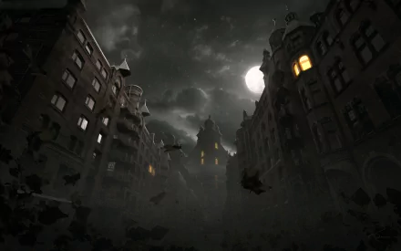 HD desktop wallpaper depicting a dark, eerie scene with old buildings under a moonlit sky, surrounded by flying birds.