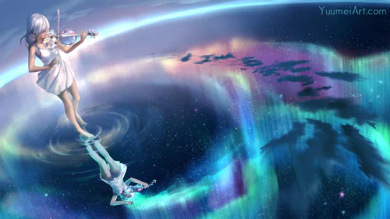Anime-style white-haired violinist with long hair plays violin floating above a shimmering ocean under vibrant aurora lights in this HD desktop wallpaper.