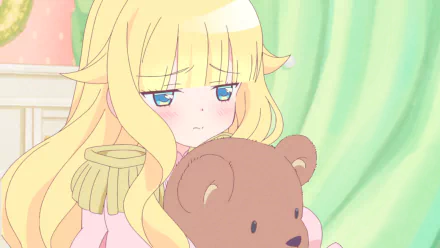 HD anime desktop wallpaper featuring Beelzebub from As Miss Beelzebub Likes, showing her with long blonde hair and a pensive expression while holding a teddy bear.