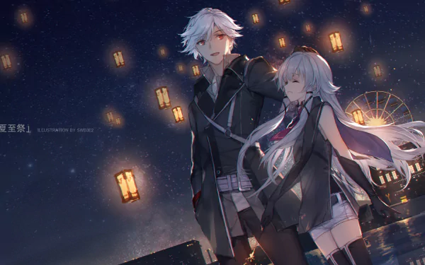 4K Ultra HD PC wallpaper from the video game The Legend of Heroes: Trails of Cold Steel IV, featuring two characters against a night sky with glowing lanterns.