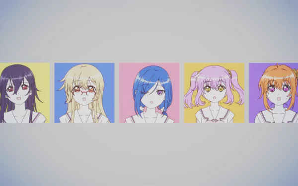 HD desktop wallpaper of five Release the Spyce characters — Goe Ishikawa, Mei Yachiyo, Yuki Hanzoumon, Fuu Sagami, Hatsume Aoba — head-and-shoulder portraits in colorful square panels on a pale background.