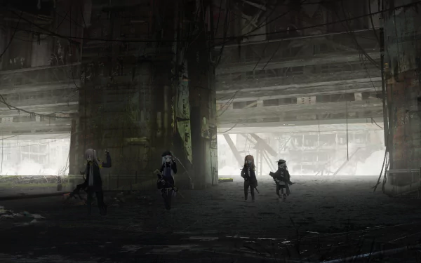 HD desktop wallpaper featuring UMP9, UMP45, HK416, and G11 from the video game Girls' Frontline, set in a dark, post-apocalyptic industrial scene.