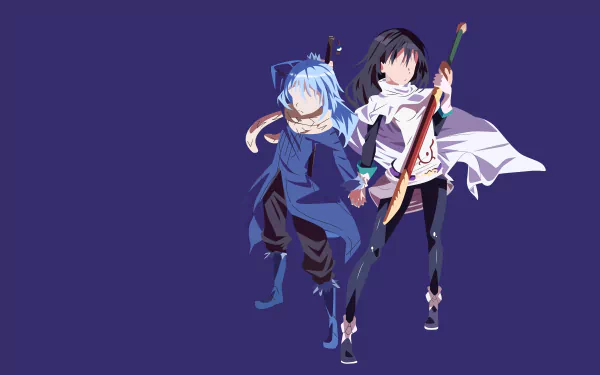HD desktop wallpaper featuring Rimuru Tempest from the anime That Time I Got Reincarnated as a Slime, showcasing two characters standing on a solid purple background.