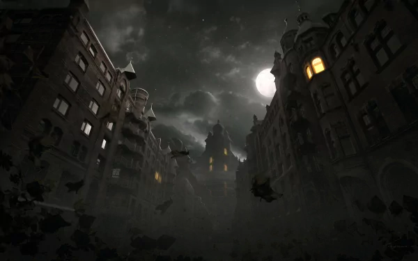 HD desktop wallpaper depicting a dark, eerie scene with old buildings under a moonlit sky, surrounded by flying birds.