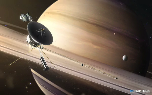 Sci-fi HD PC desktop wallpaper: probe skimming a ringed Jupiter with moons and a starfield.
