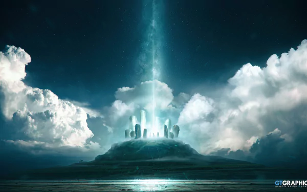 HD sci-fi landscape wallpaper featuring a glowing dolmen structure atop a misty island, with a beam of light piercing the dramatic cloudy sky.
