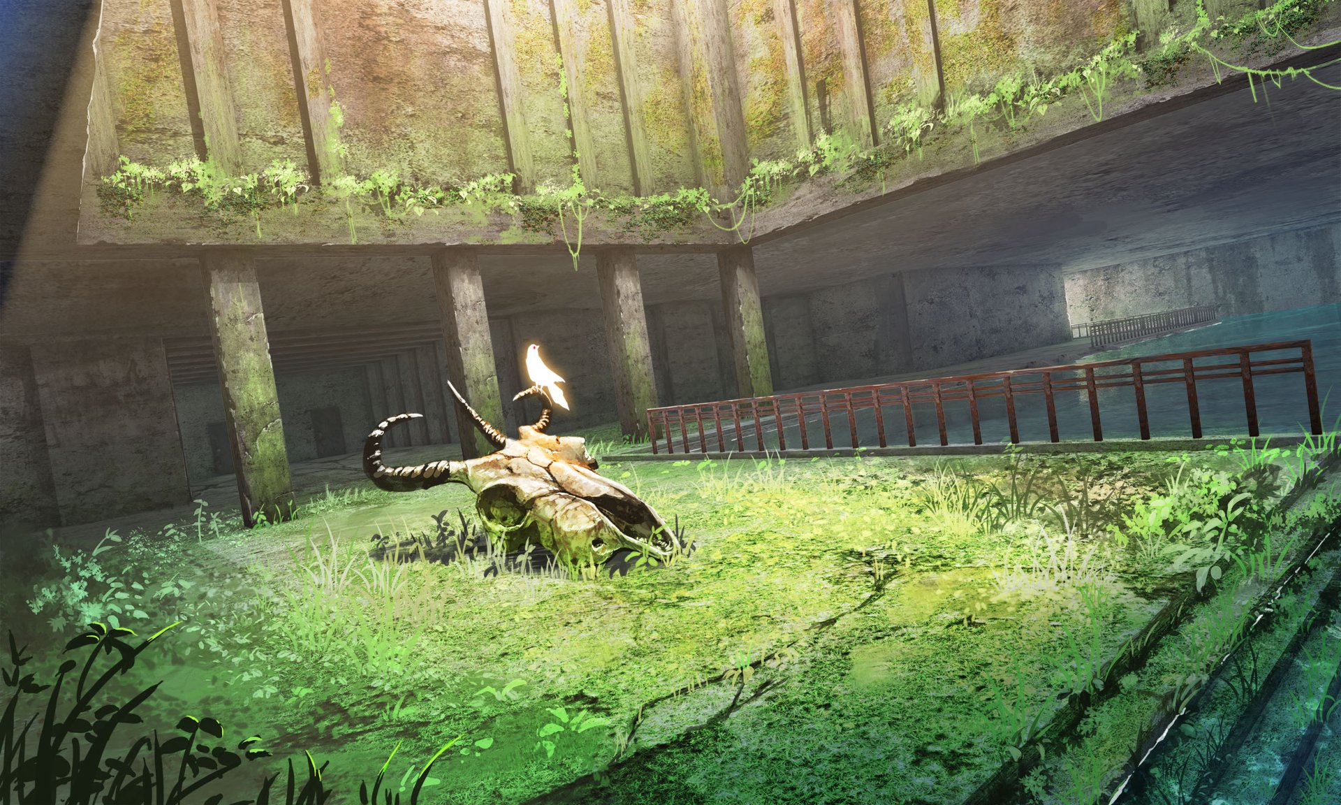 HD anime wallpaper depicting an abandoned, overgrown concrete structure with a broken mechanical scorpion in the center, surrounded by lush greenery.