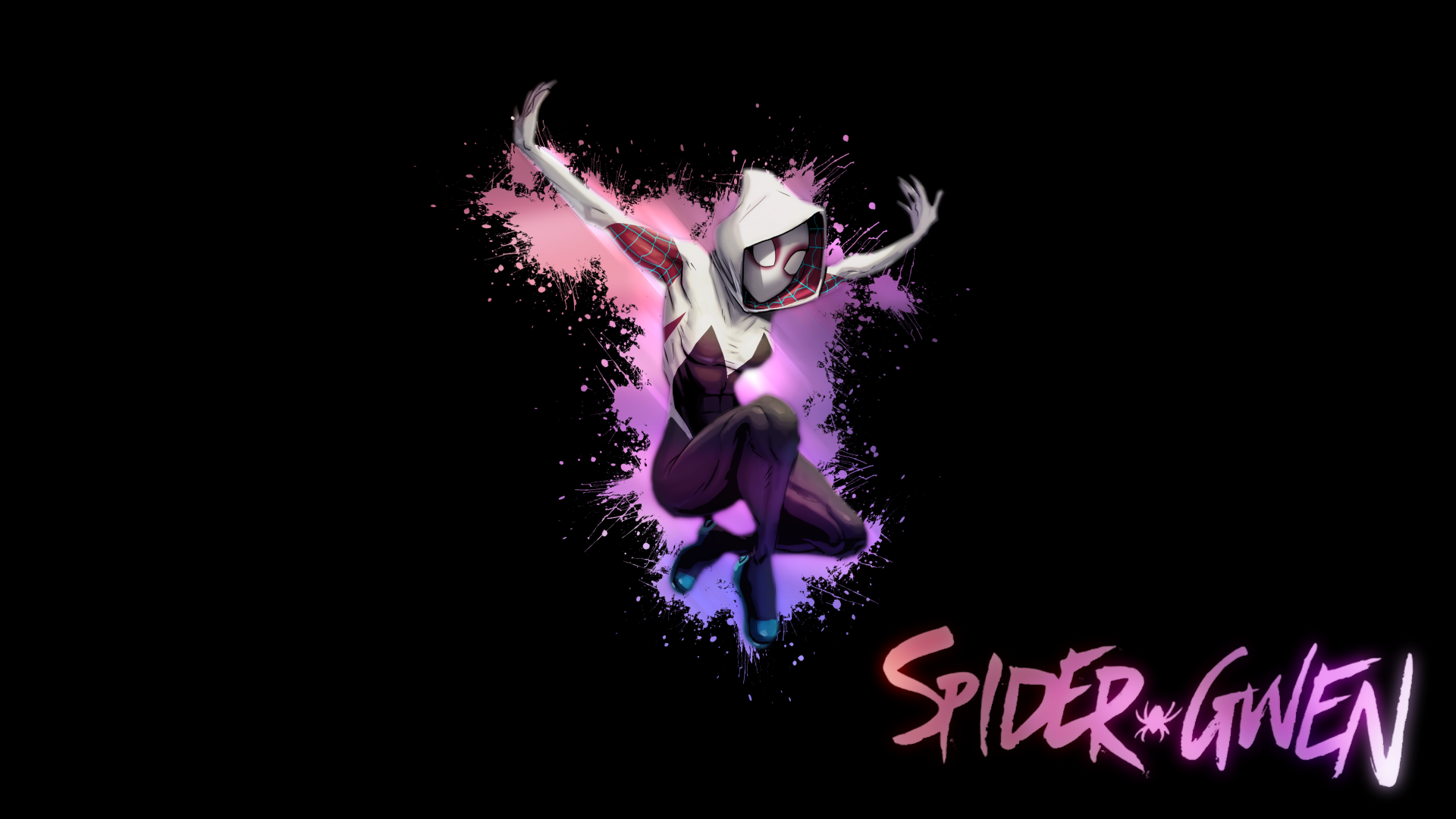 Comic-style Spider-Gwen striking an action pose against a dark background with pink and purple splashes, designed as a 4K Ultra HD PC desktop wallpaper.