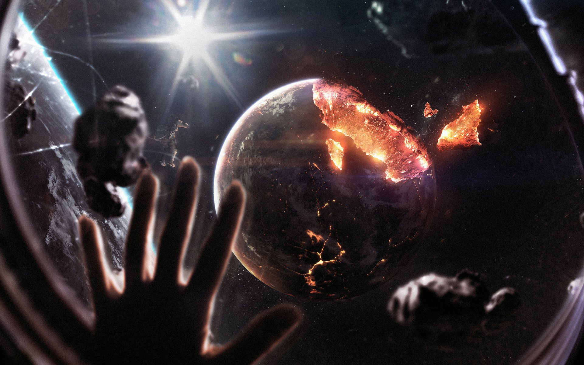 HD PC desktop wallpaper featuring a sci-fi apocalyptic scene of a cracked, fiery planet viewed through a shattered window with a silhouetted hand reaching out.