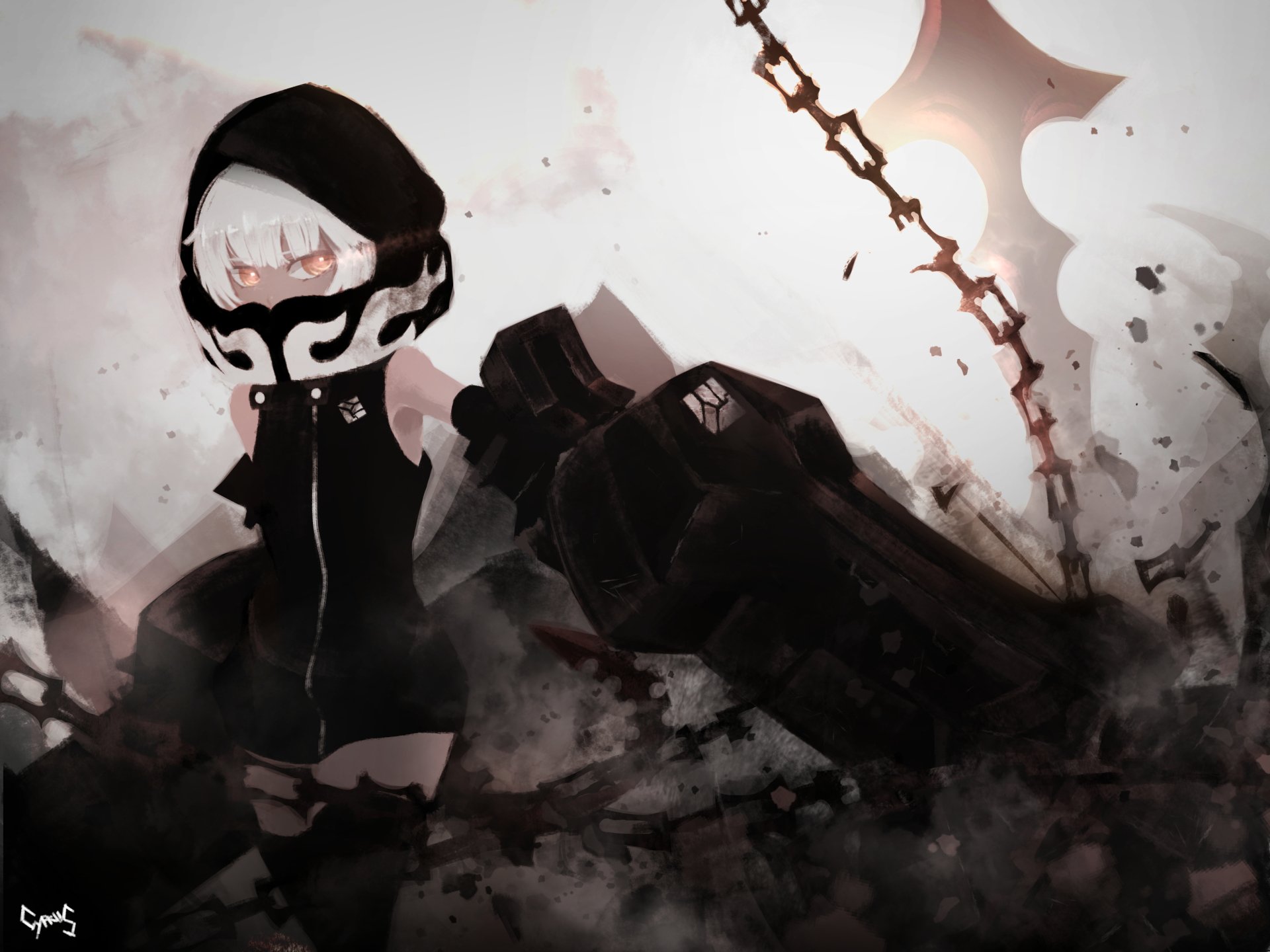 HD PC desktop wallpaper featuring a dark, stylized anime character from Black Rock Shooter, dressed in black with a large weapon and a moody, smoky background.