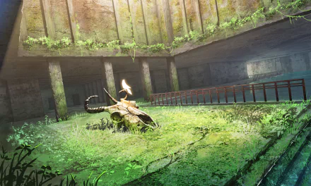 HD anime wallpaper depicting an abandoned, overgrown concrete structure with a broken mechanical scorpion in the center, surrounded by lush greenery.