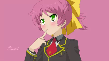 Minimalist 8K Ultra HD anime wallpaper of Minami Shimada (Baka and Test): pink-haired girl in school uniform with yellow bow and green eyes on a solid pink background.