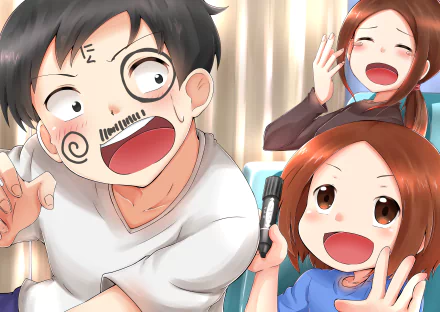 HD anime desktop wallpaper featuring Chi Nishikata and Takagi from Teasing Master Takagi-san, capturing their playful and teasing expressions.