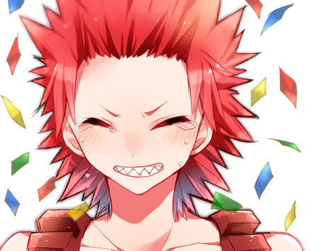 HD PC desktop wallpaper featuring Eijiro Kirishima from the anime My Hero Academia, showcasing his spiky red hair and fierce, confident smile amidst colorful confetti.