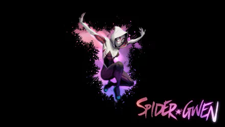 Comic-style Spider-Gwen striking an action pose against a dark background with pink and purple splashes, designed as a 4K Ultra HD PC desktop wallpaper.