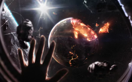 HD PC desktop wallpaper featuring a sci-fi apocalyptic scene of a cracked, fiery planet viewed through a shattered window with a silhouetted hand reaching out.