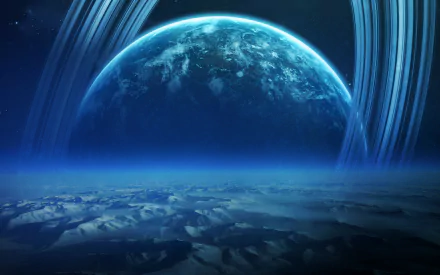 HD PC desktop wallpaper featuring a digitally manipulated image of a distant planet with glowing rings above a misty, mountainous landscape under a starry sky.