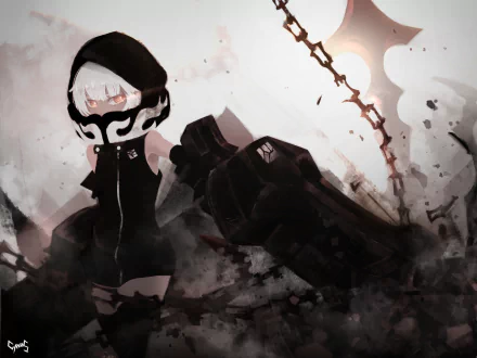 HD PC desktop wallpaper featuring a dark, stylized anime character from Black Rock Shooter, dressed in black with a large weapon and a moody, smoky background.